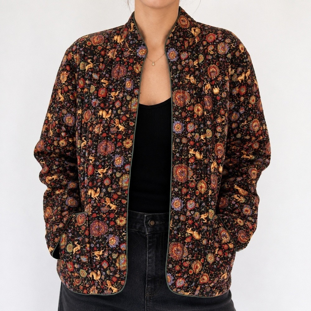 Woodland Rabbit Forest Quilted Jacket Womens M Artisan Tapestry Folk Art Artisan